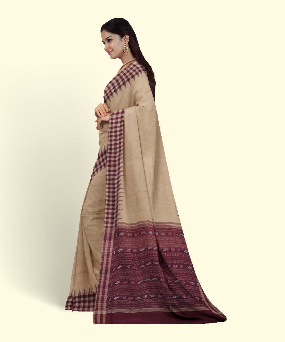 Beige maroon cotton handwoven sambalpuri saree