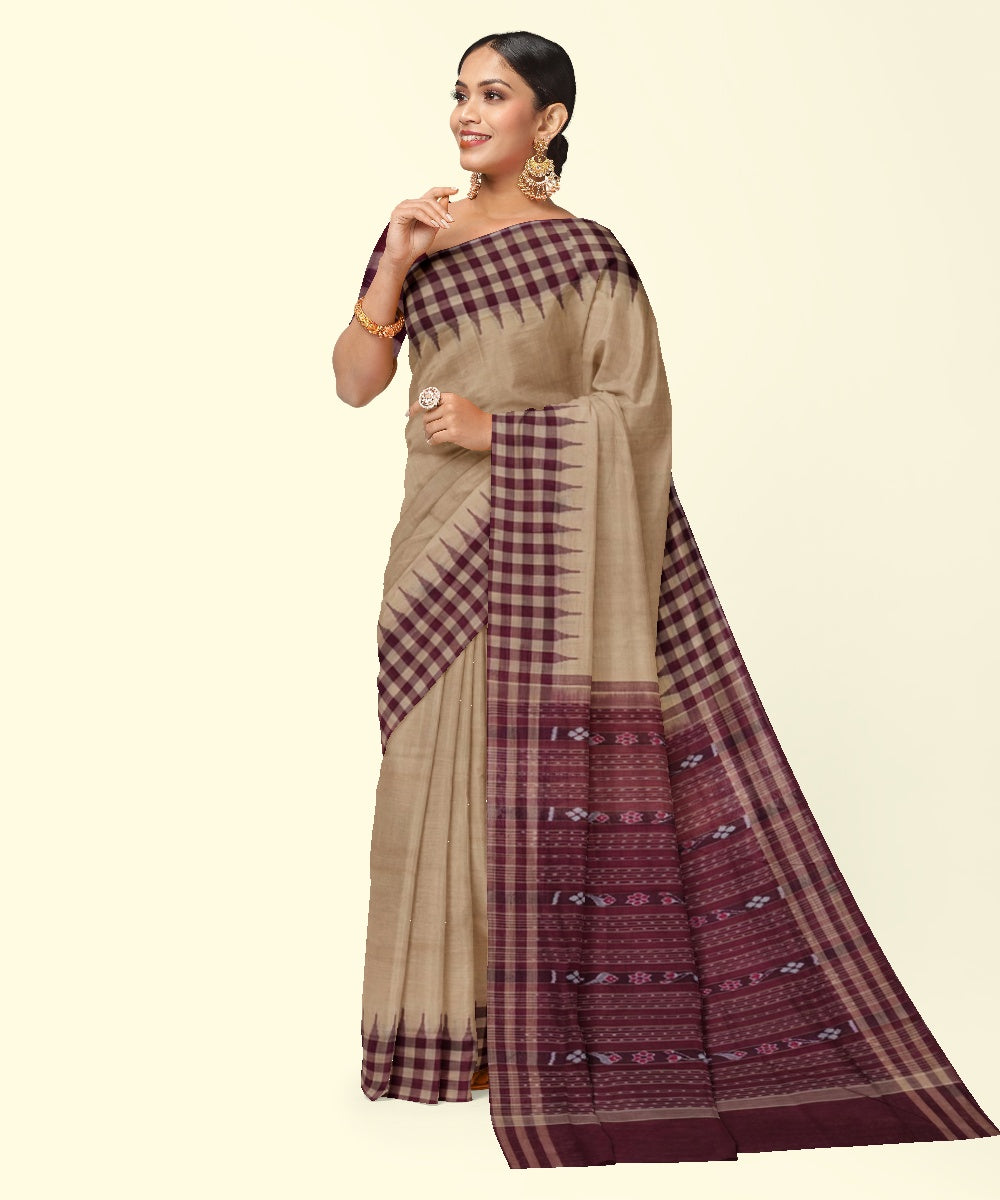 Beige maroon cotton handwoven sambalpuri saree