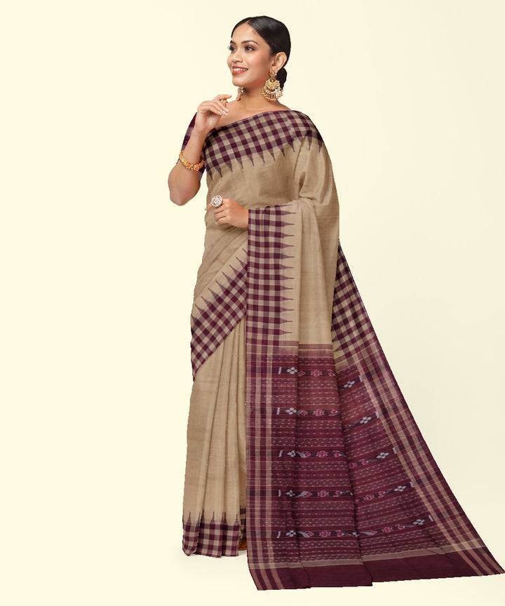 Beige maroon cotton handwoven sambalpuri saree