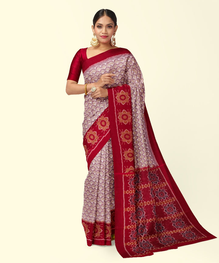 Grey red handwoven cotton sambalpuri saree