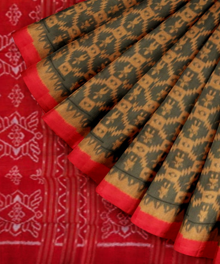 Olive green red cotton handwoven sambalpuri saree