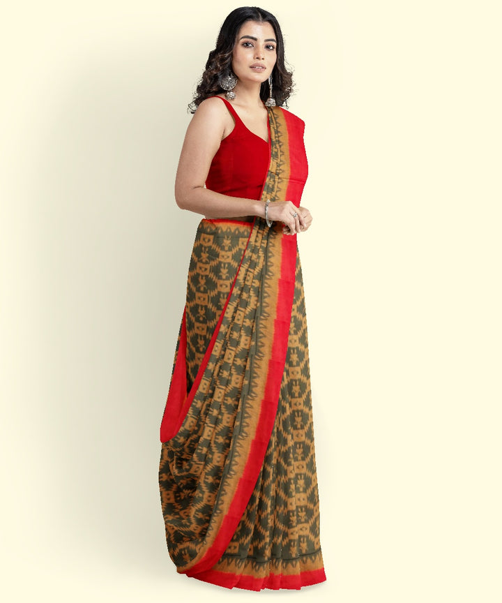 Olive green red cotton handwoven sambalpuri saree