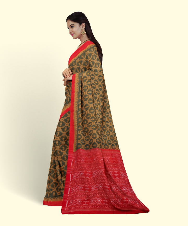 Olive green red cotton handwoven sambalpuri saree