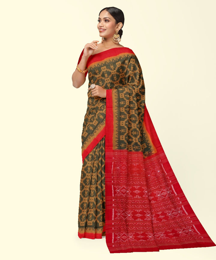 Olive green red cotton handwoven sambalpuri saree