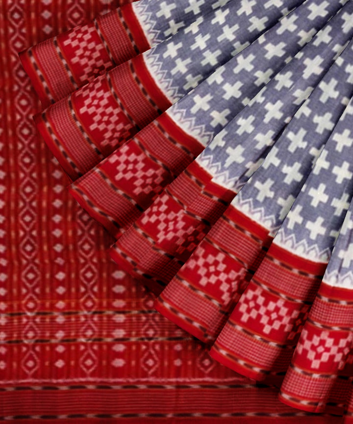 Light blue red cotton handwoven sambalpuri saree
