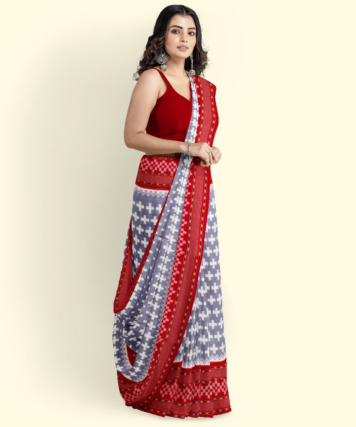 Light blue red cotton handwoven sambalpuri saree