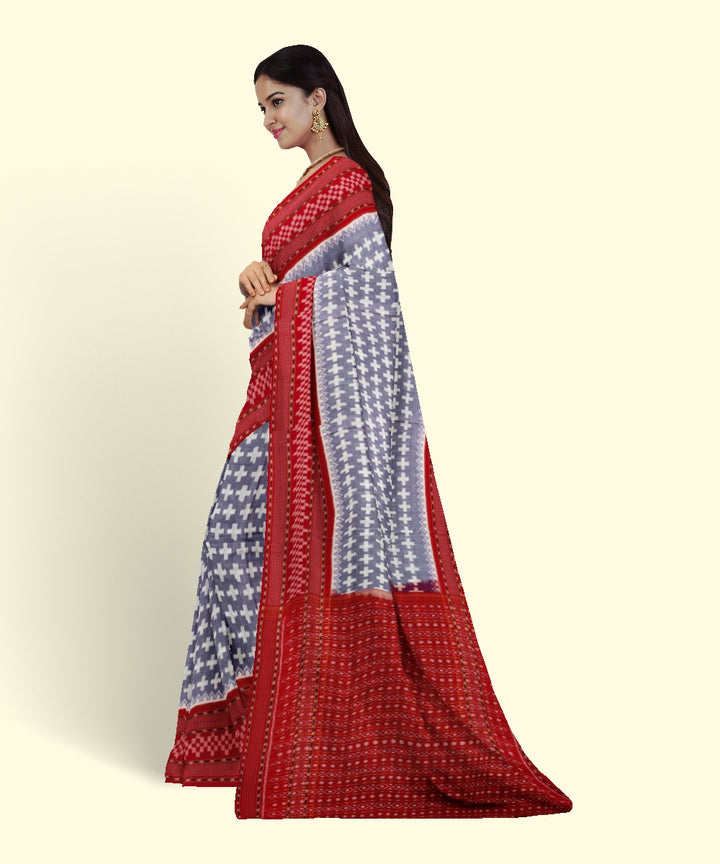Light blue red cotton handwoven sambalpuri saree