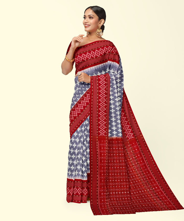 Light blue red cotton handwoven sambalpuri saree