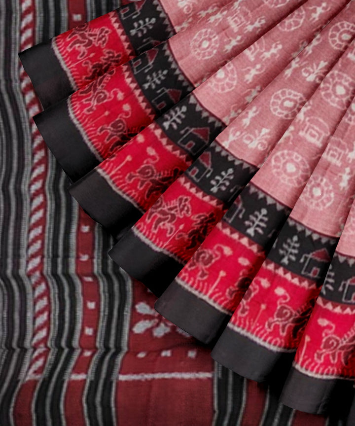 Brick red black cotton handwoven sambalpuri saree