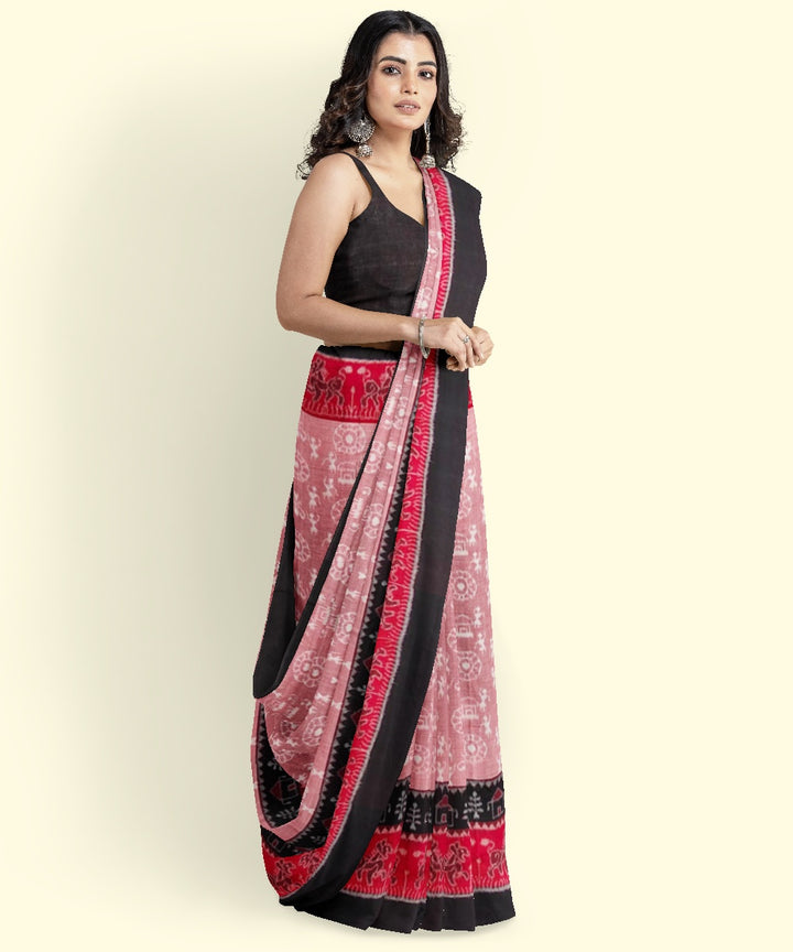 Brick red black cotton handwoven sambalpuri saree
