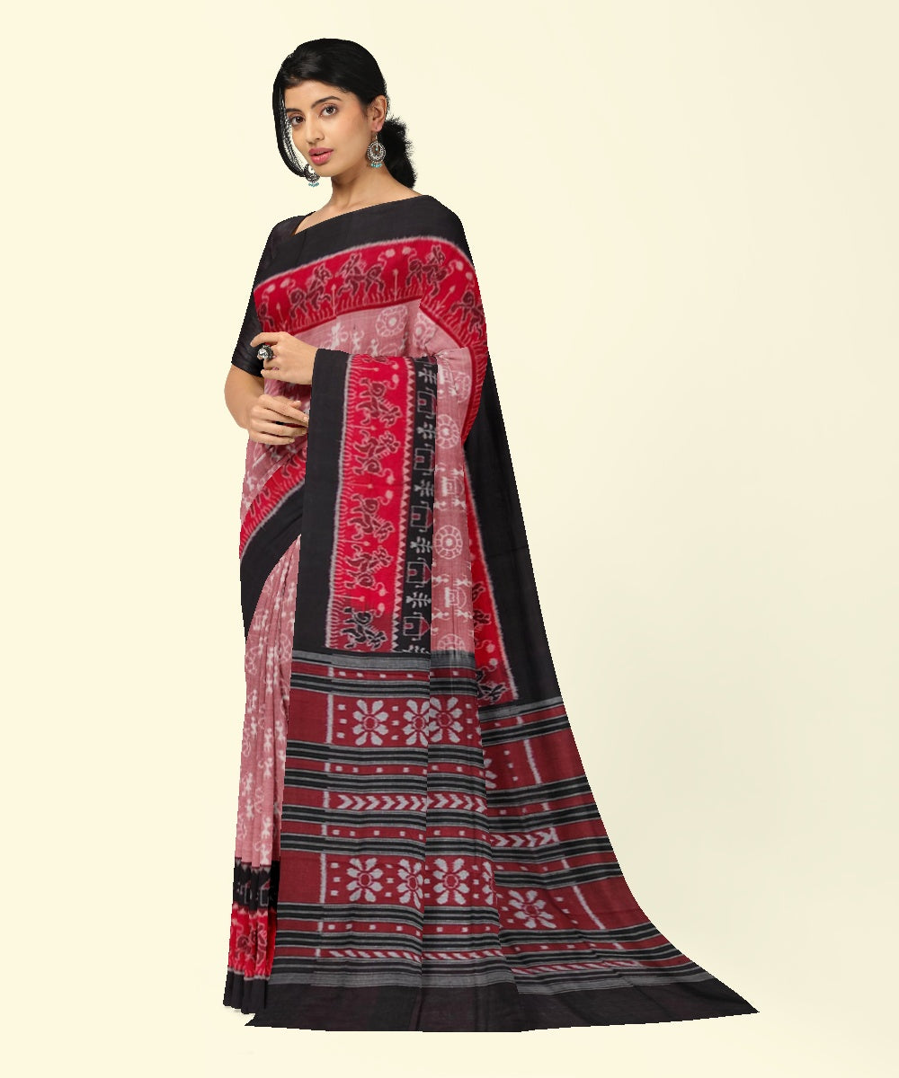 Brick red black cotton handwoven sambalpuri saree