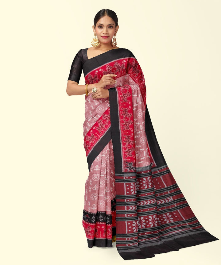 Brick red black cotton handwoven sambalpuri saree