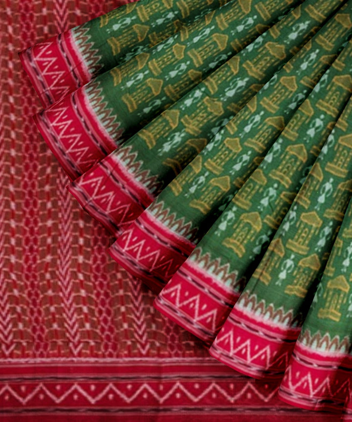 Olive green red handwoven cotton sambalpuri saree
