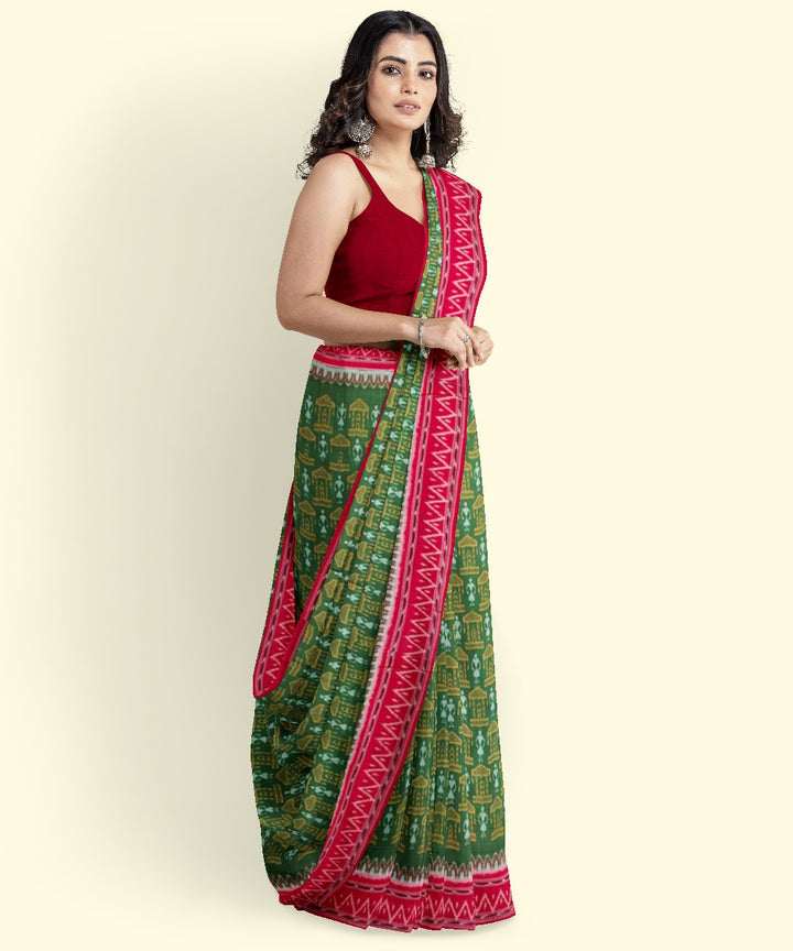Olive green red handwoven cotton sambalpuri saree