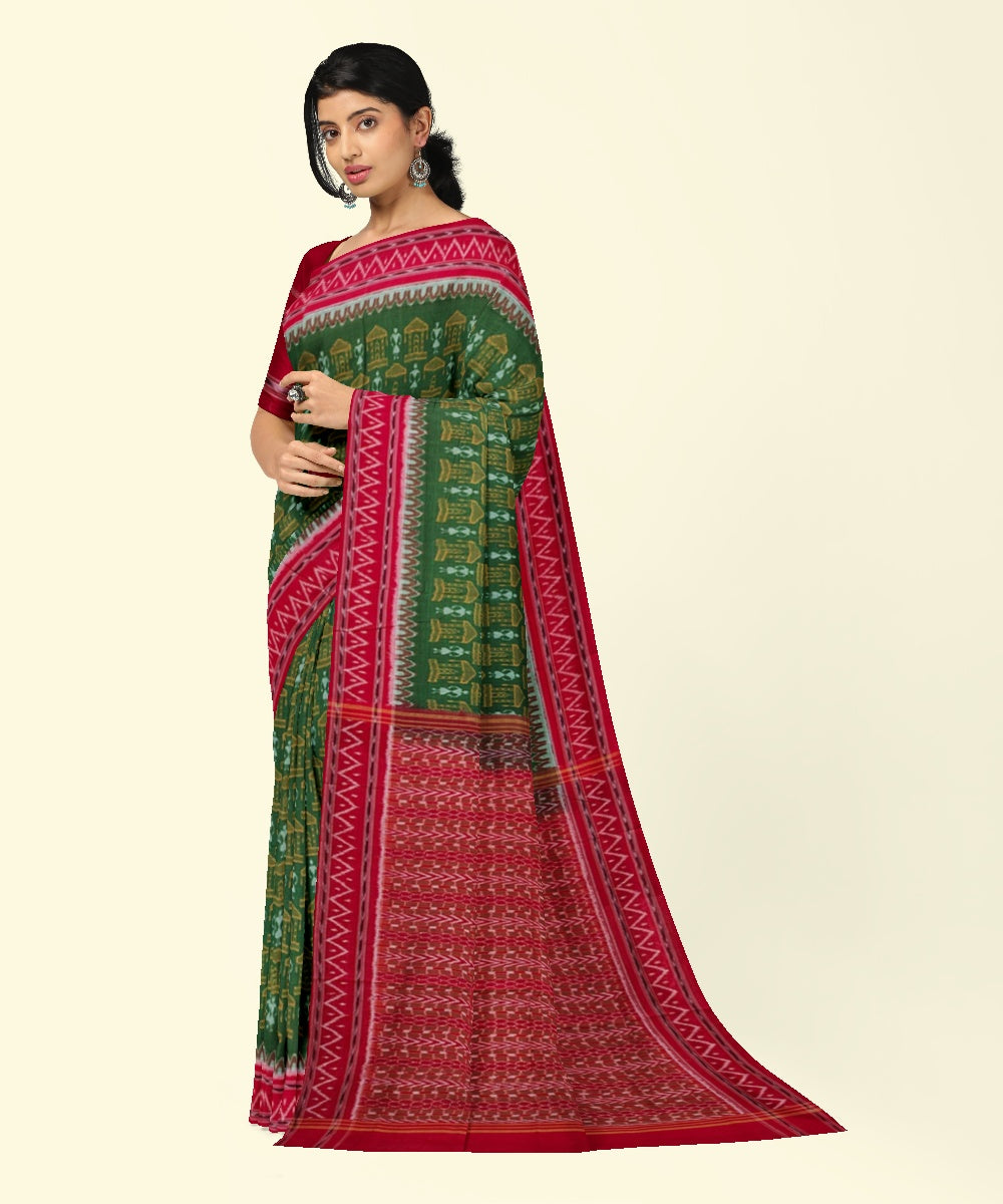 Olive green red handwoven cotton sambalpuri saree