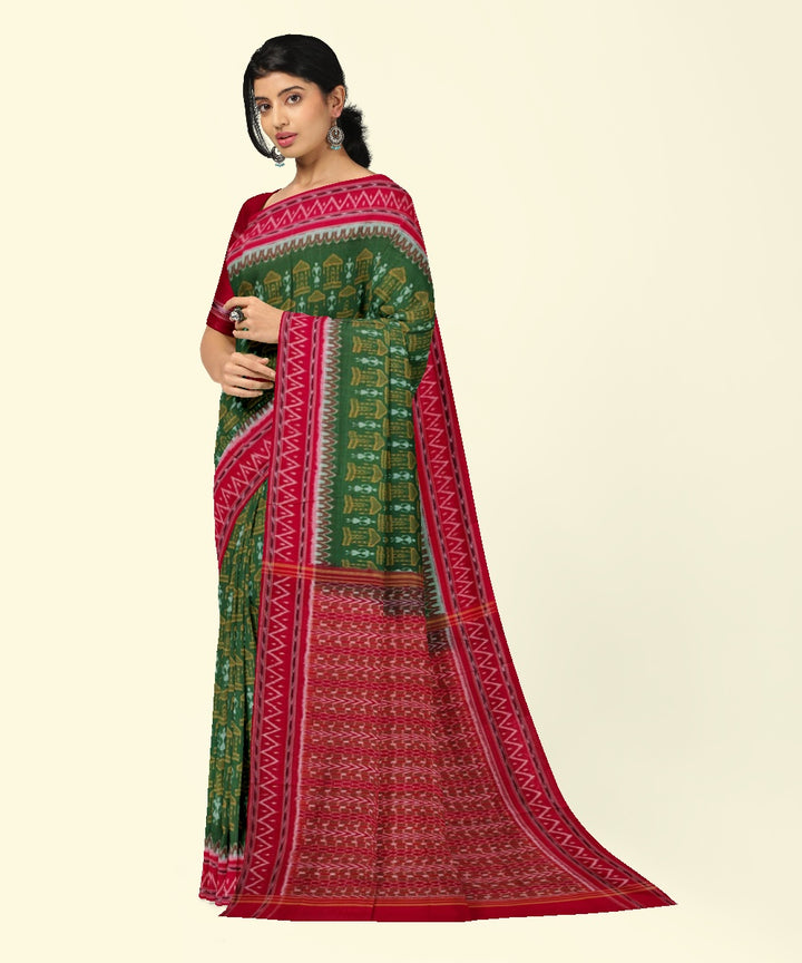 Olive green red handwoven cotton sambalpuri saree