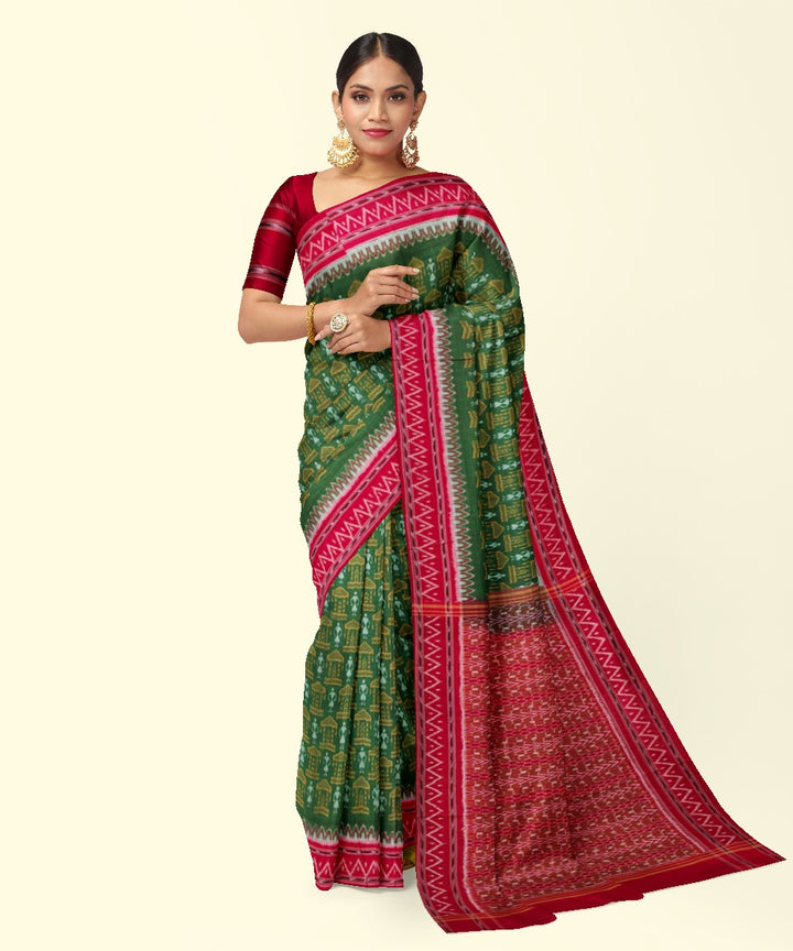 Olive green red handwoven cotton sambalpuri saree
