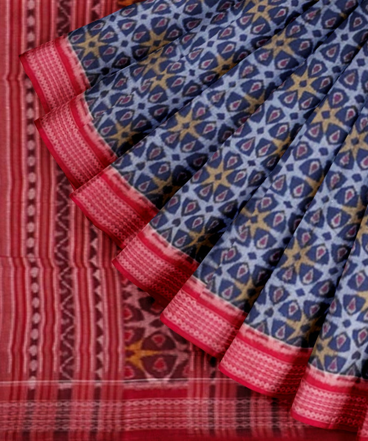Navy blue red cotton handwoven sambalpuri saree
