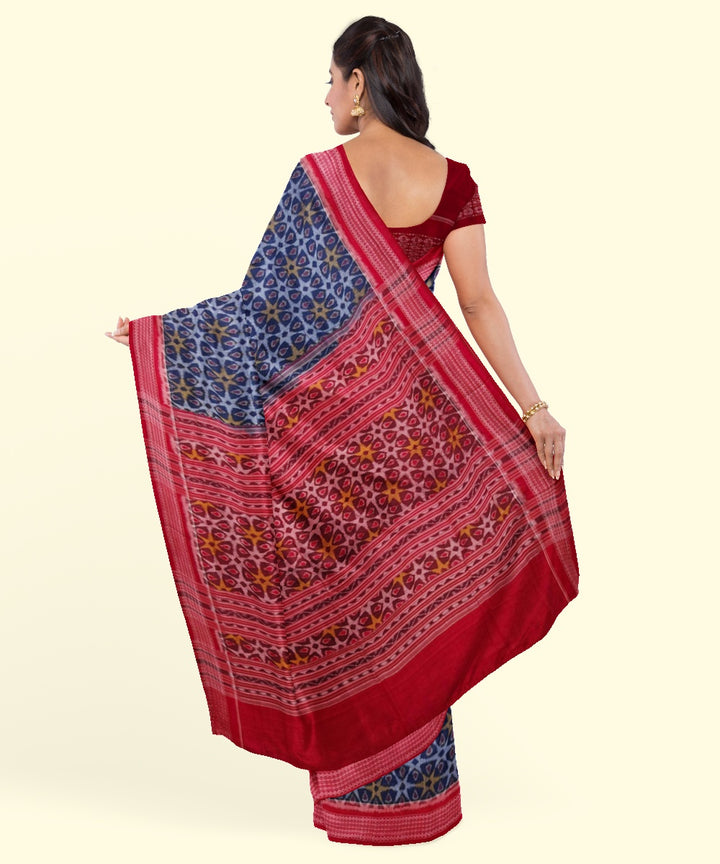 Navy blue red cotton handwoven sambalpuri saree
