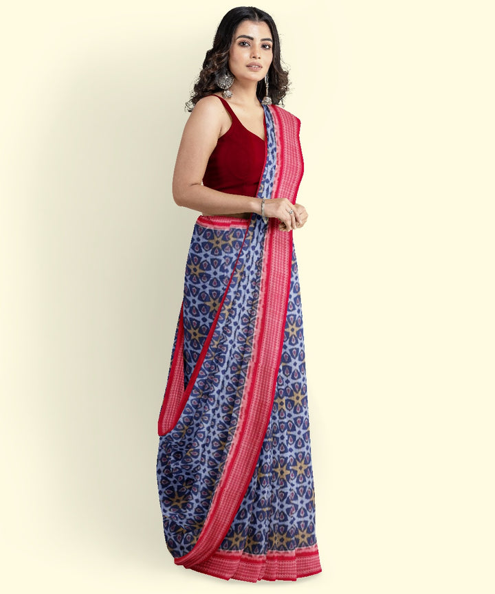 Navy blue red cotton handwoven sambalpuri saree