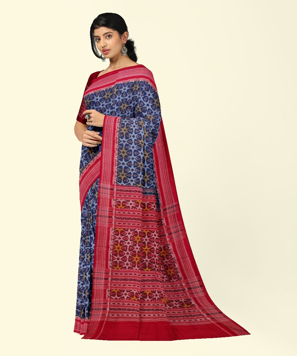 Navy blue red cotton handwoven sambalpuri saree