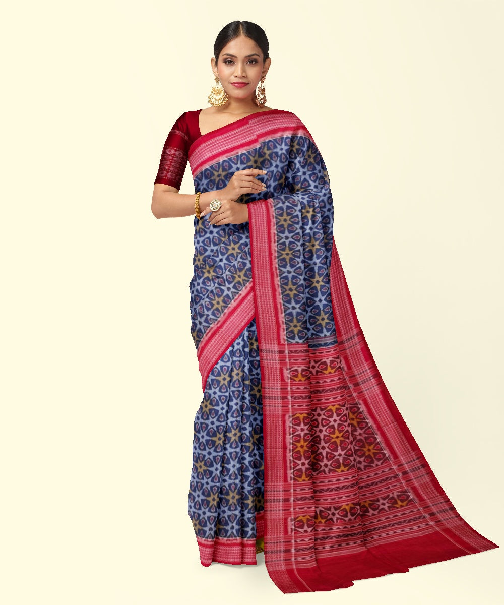 Navy blue red cotton handwoven sambalpuri saree