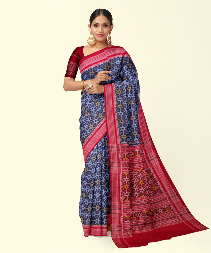Navy blue red cotton handwoven sambalpuri saree