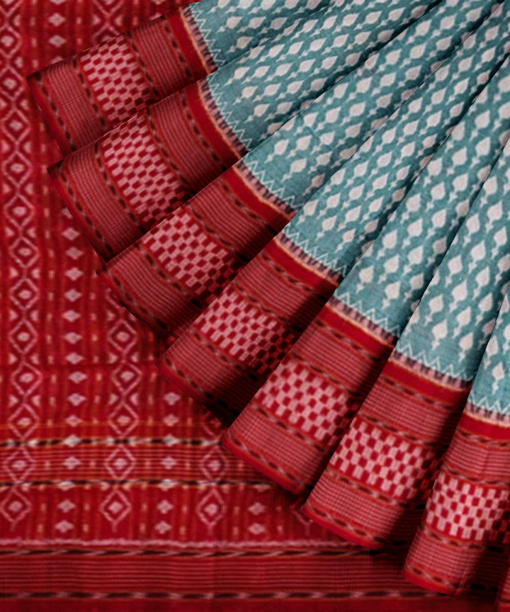 Light green red cotton handwoven sambalpuri saree