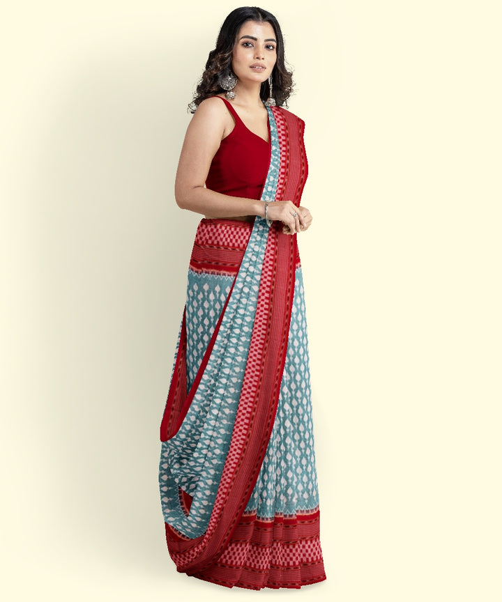 Light green red cotton handwoven sambalpuri saree