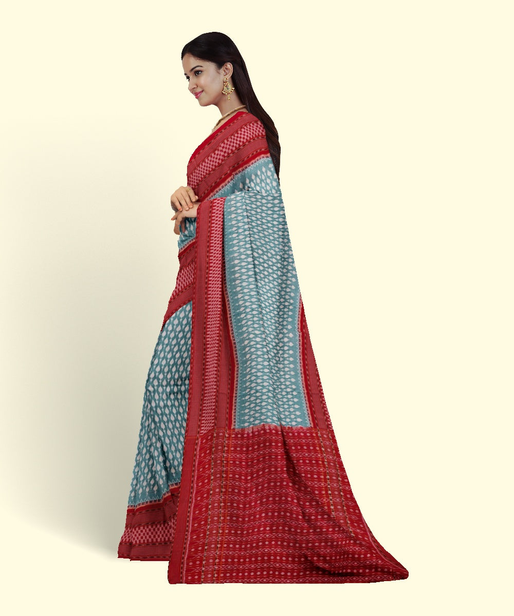 Light green red cotton handwoven sambalpuri saree