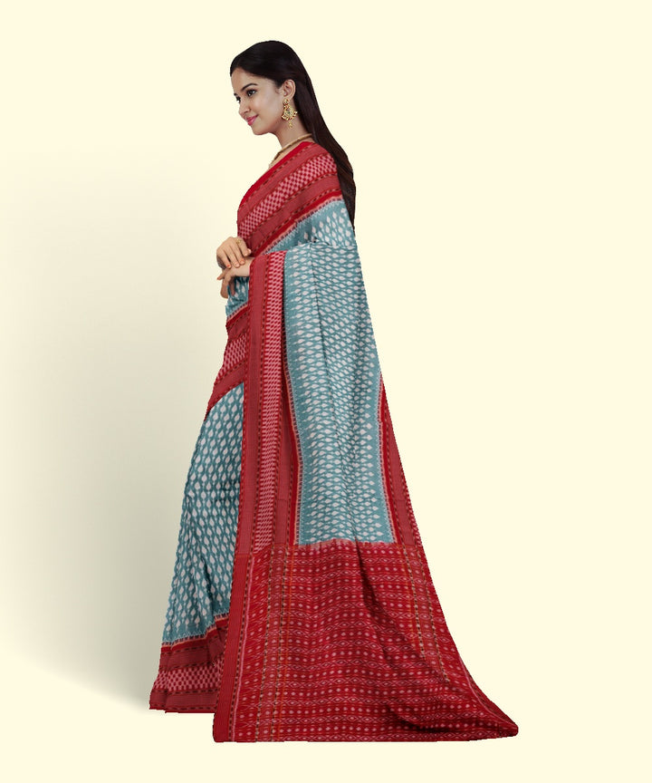Light green red cotton handwoven sambalpuri saree