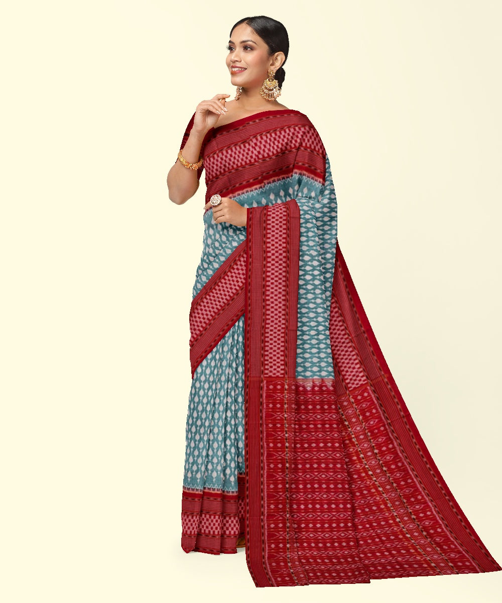 Light green red cotton handwoven sambalpuri saree