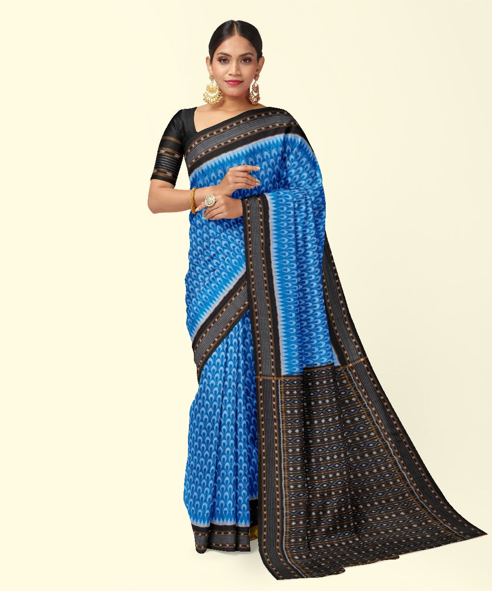 Sky blue black cotton handwoven sambalpuri saree