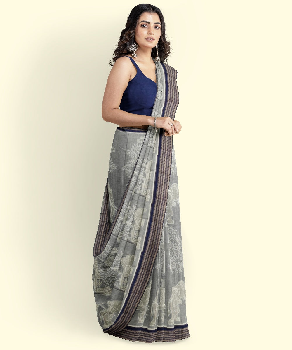Grey black cotton handwoven sambalpuri saree