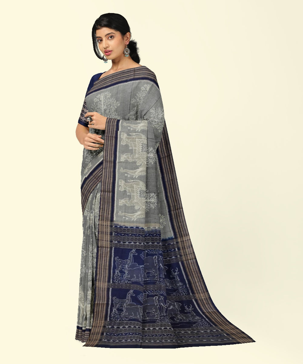 Grey black cotton handwoven sambalpuri saree