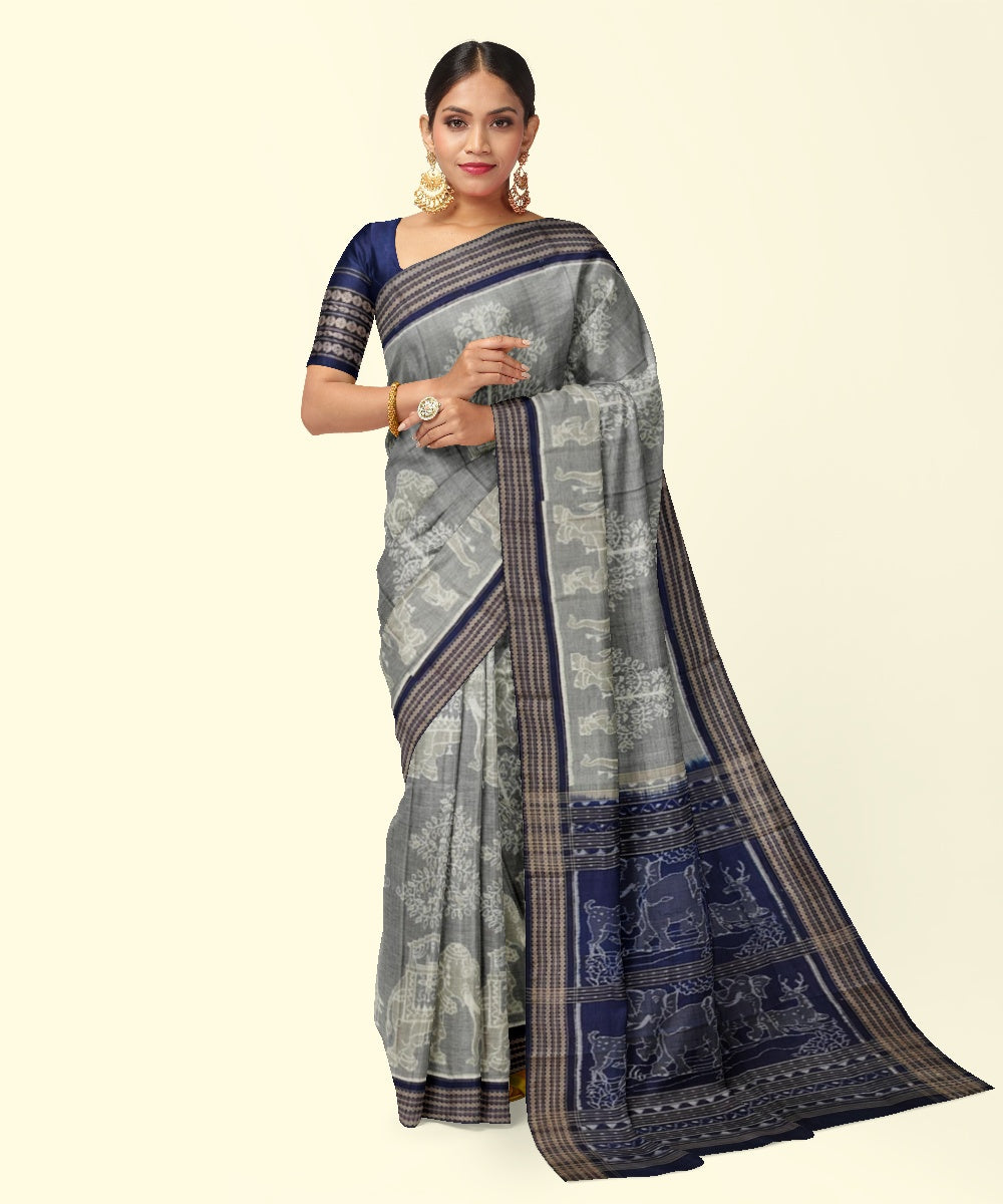 Grey black cotton handwoven sambalpuri saree