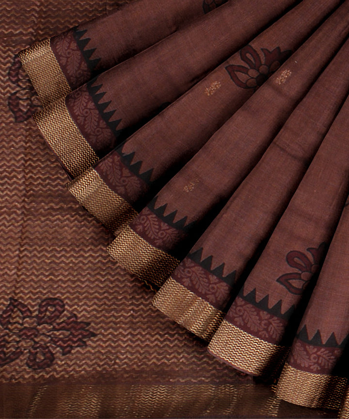 Brown maroon black tussar silk hand printed chattisgarh saree