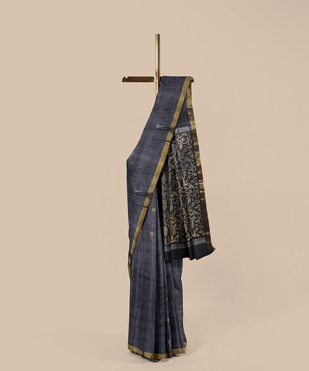 Grey gold zari chattisgarh tussar silk handwoven saree