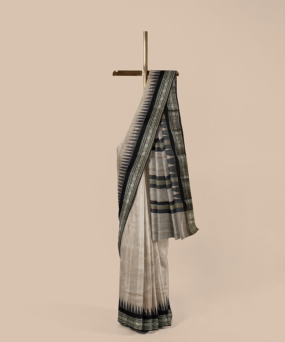 Beige black tussar silk handwoven chattisgarh saree