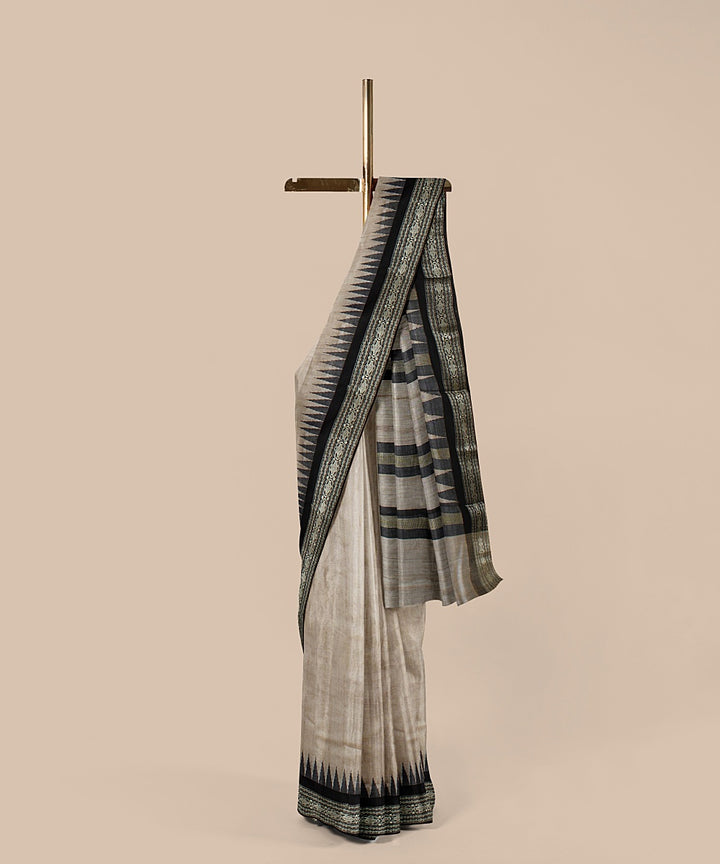 Beige black tussar silk handwoven chattisgarh saree