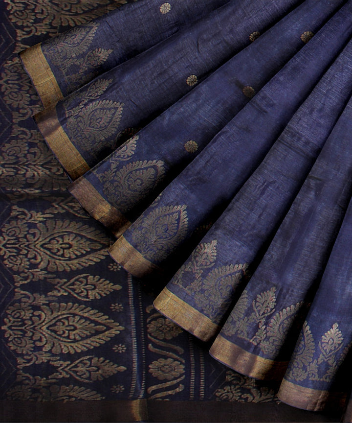 Navy blue gold zari tussar silk handwoven chattisgarh saree