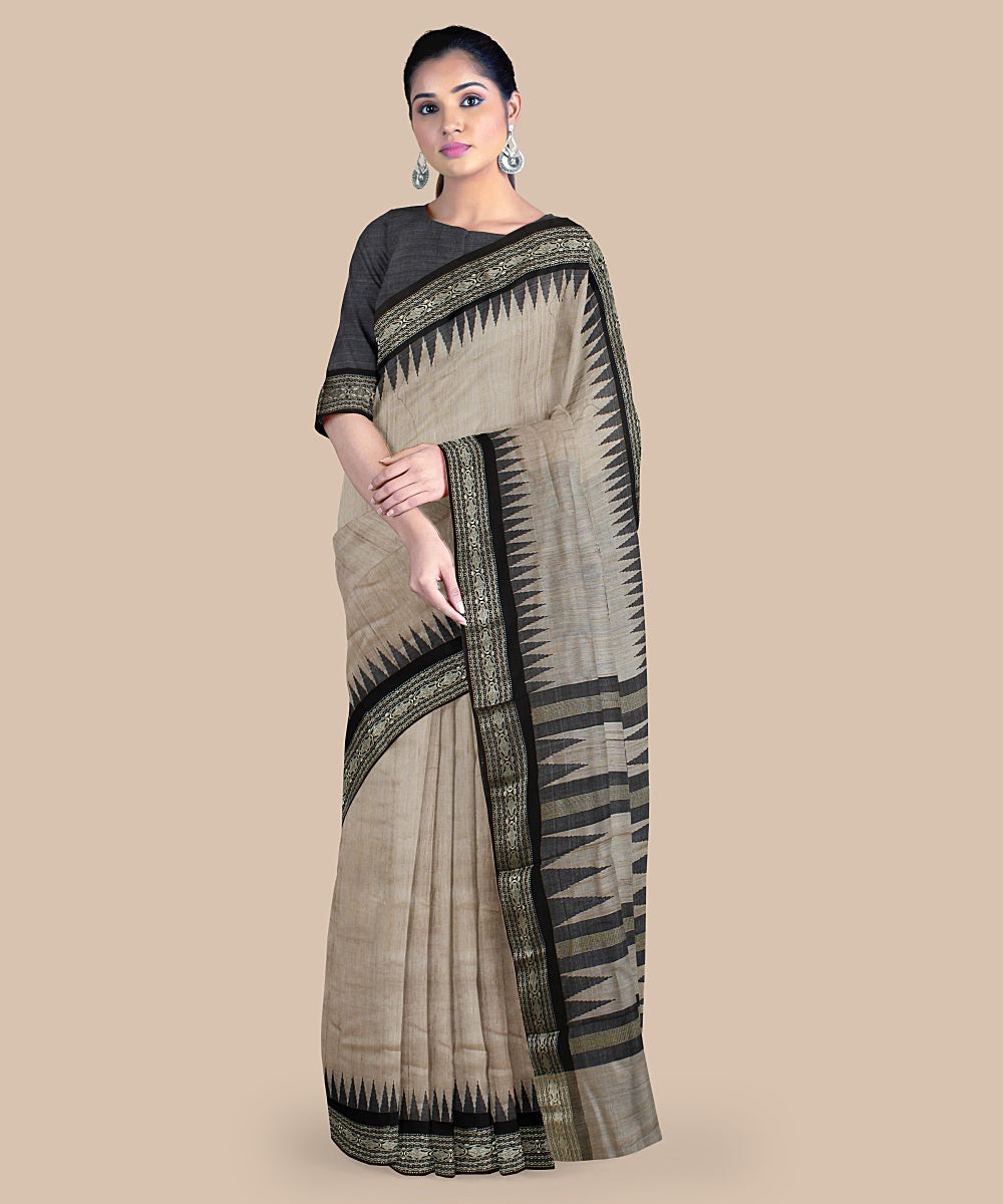 Beige black tussar silk handwoven chattisgarh saree