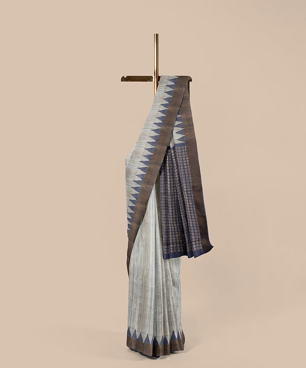Beige blue tussar silk handwoven chattisgarh saree