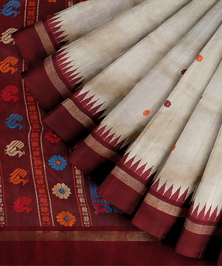 Offwhite maroon tussar silk handwoven chattisgarh saree