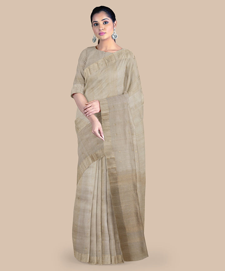 Beige gold zari chattisgarh tussar silk handwoven saree