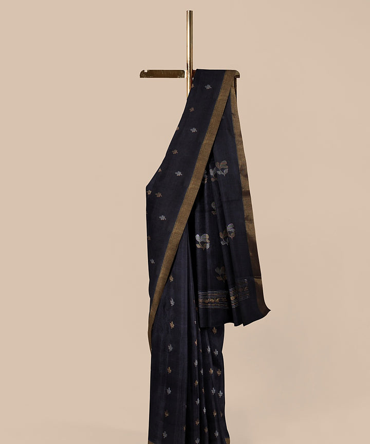 Charcoal black zari chattisgarh tussar silk handwoven saree