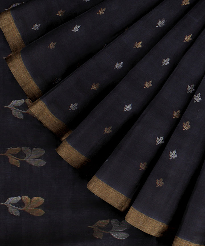 Charcoal black zari chattisgarh tussar silk handwoven saree