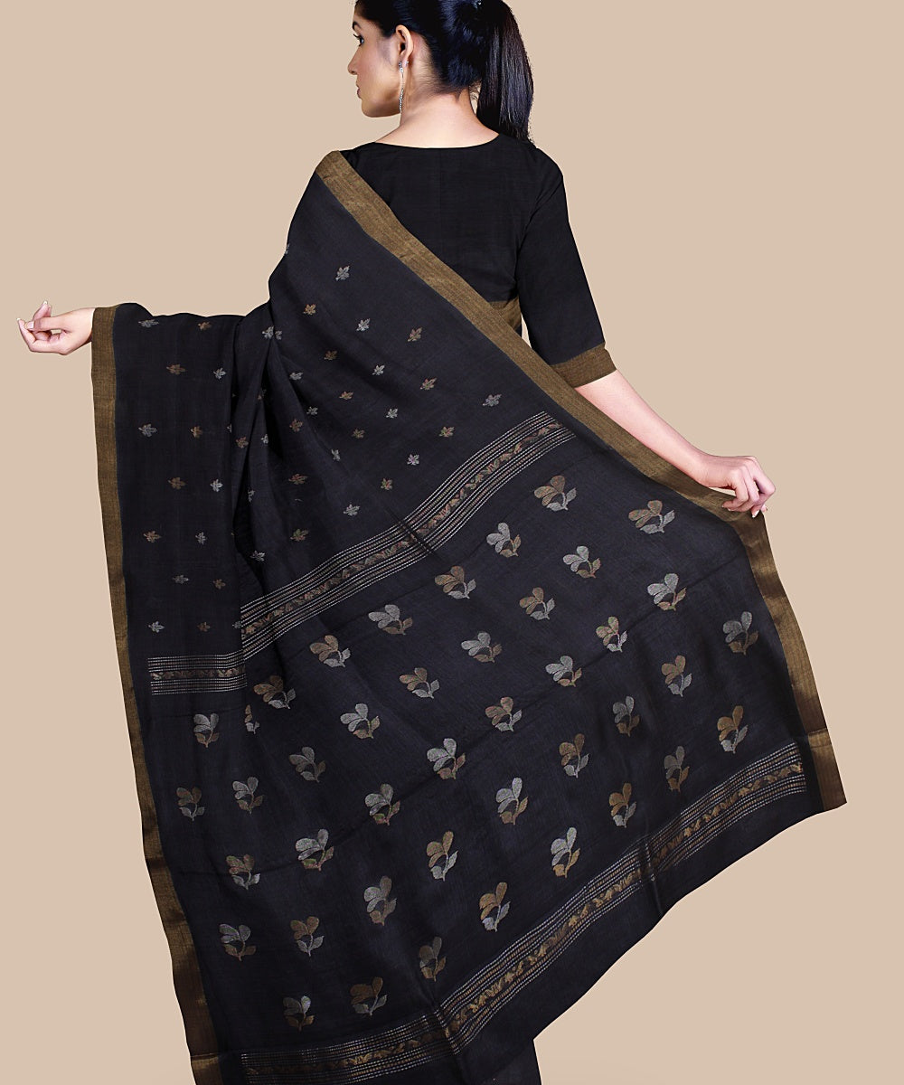 Charcoal black zari chattisgarh tussar silk handwoven saree