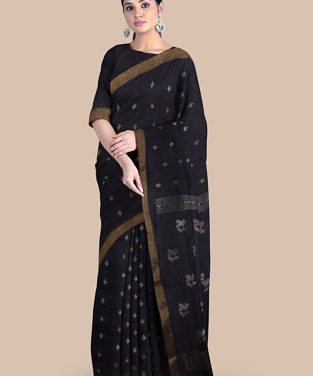 Charcoal black zari chattisgarh tussar silk handwoven saree