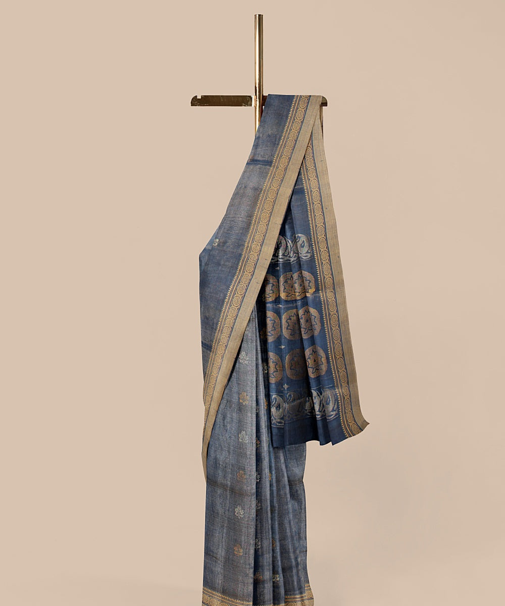 Blueish grey beige tussar silk handwoven chattisgarh saree